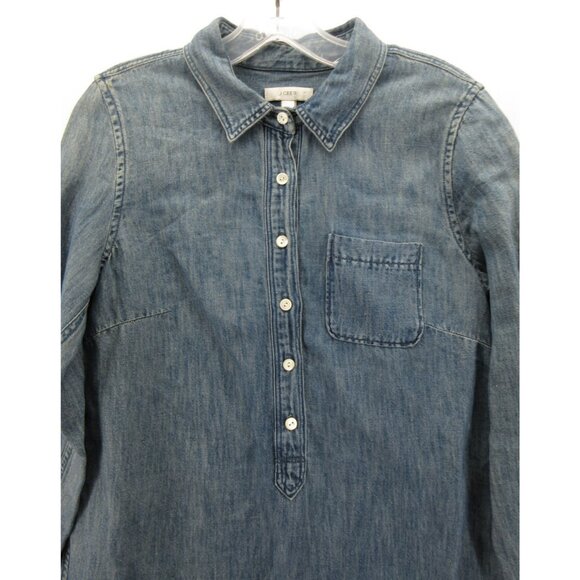 J Crew Dress 4 Linen Blend Popover Shirt Tunic Denim Collared Pocket - Picture 2 of 10